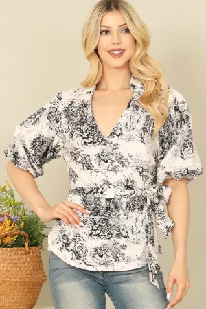 COLLARED V-NECK PUFF SLEEVE WAIST TIE PRINTED TOP