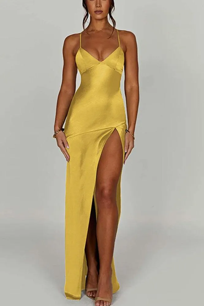 Deep v-neck suspender slit midi dress