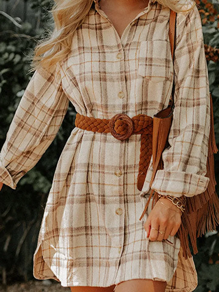 Diana Plaid Collared Neck Long Sleeve Shirt Dress