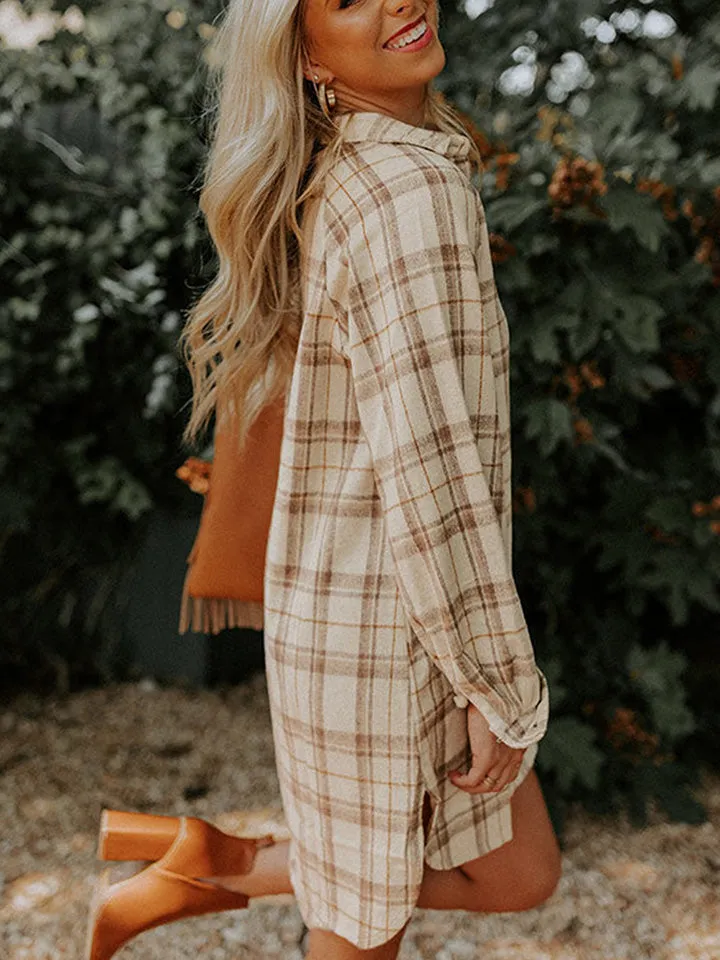 Diana Plaid Collared Neck Long Sleeve Shirt Dress