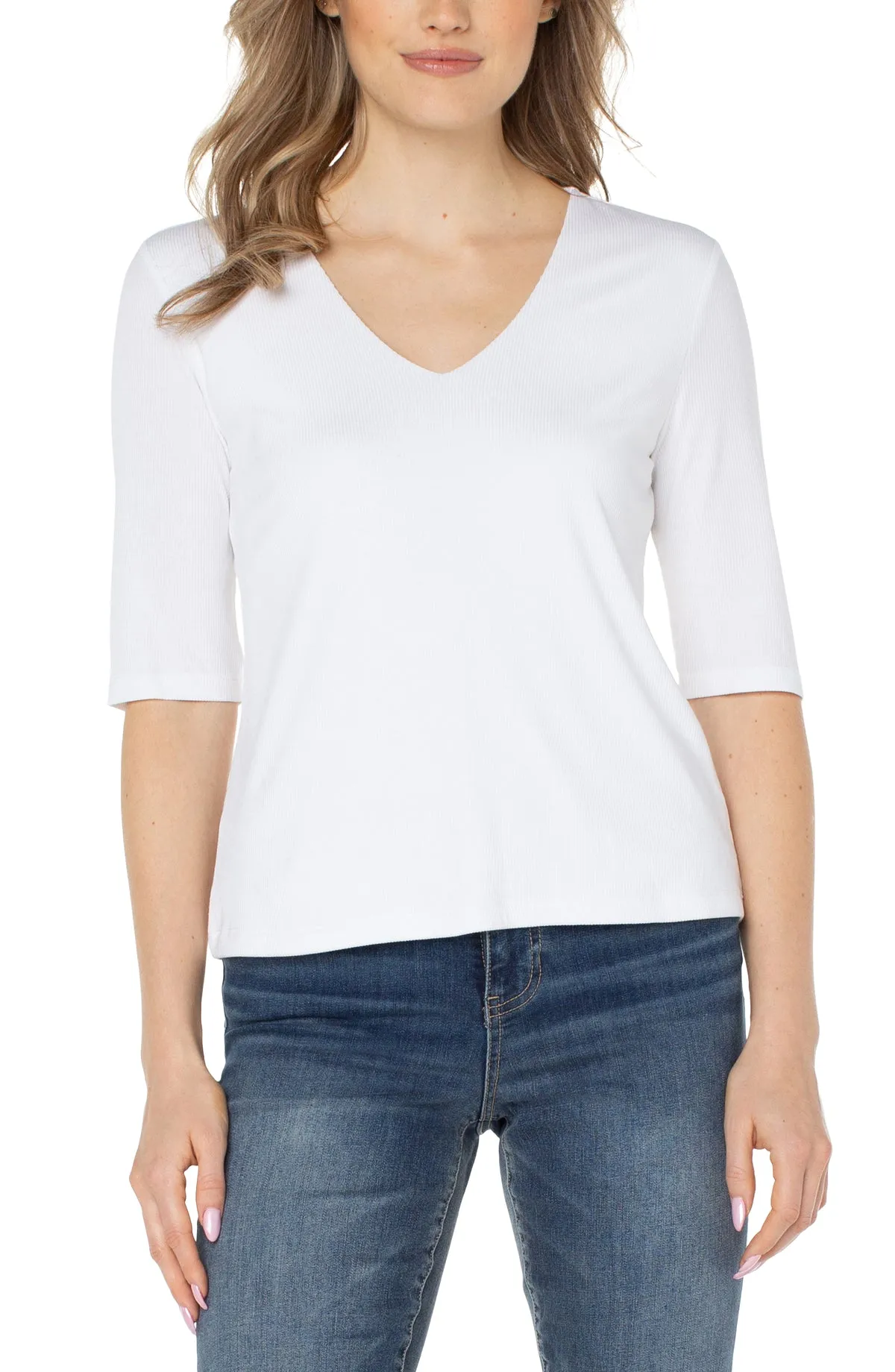 Double Layer V-Neck 1/2 Sleeve Rib Knit Top - SALE