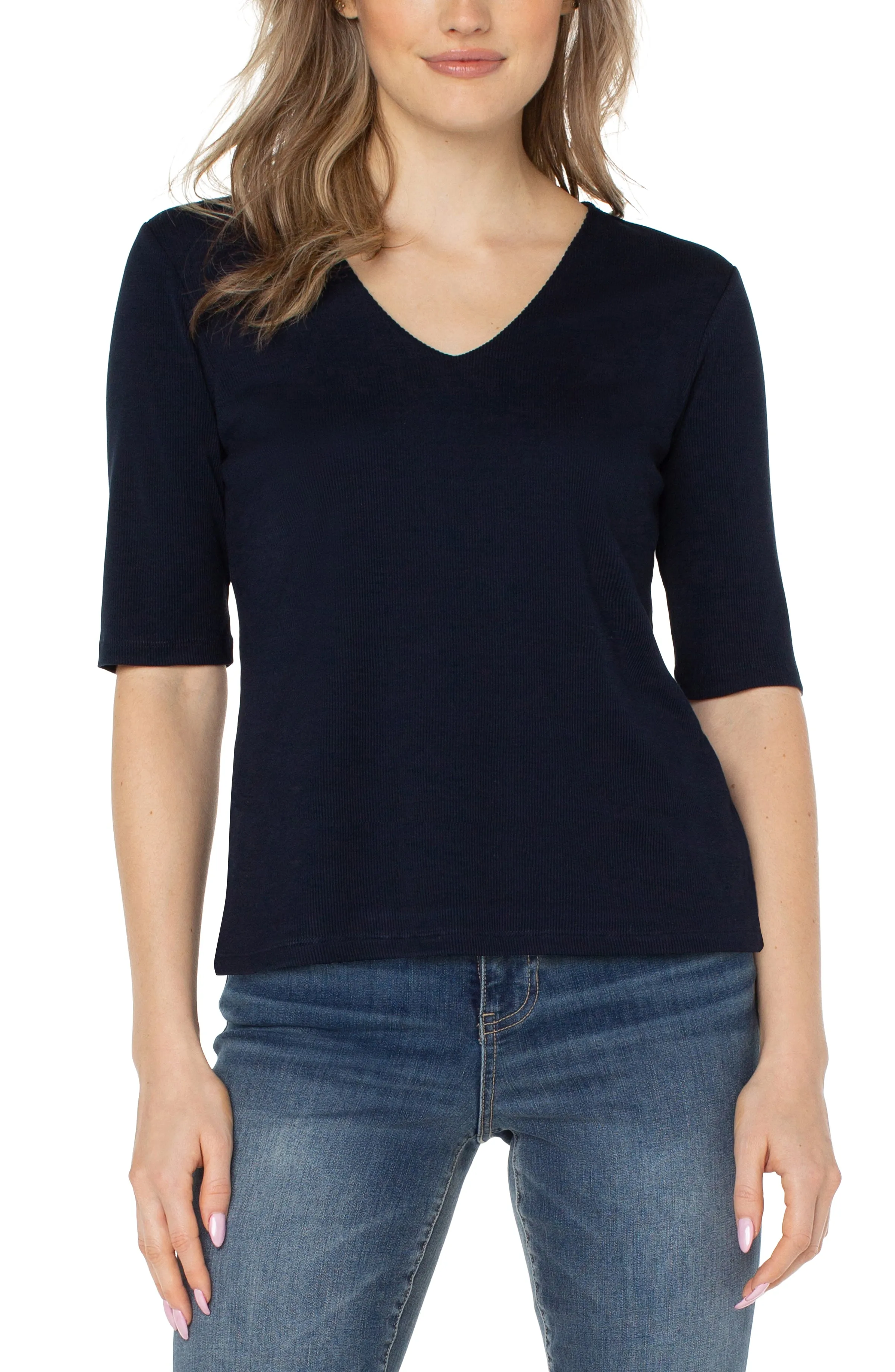 Double Layer V-Neck 1/2 Sleeve Rib Knit Top - SALE