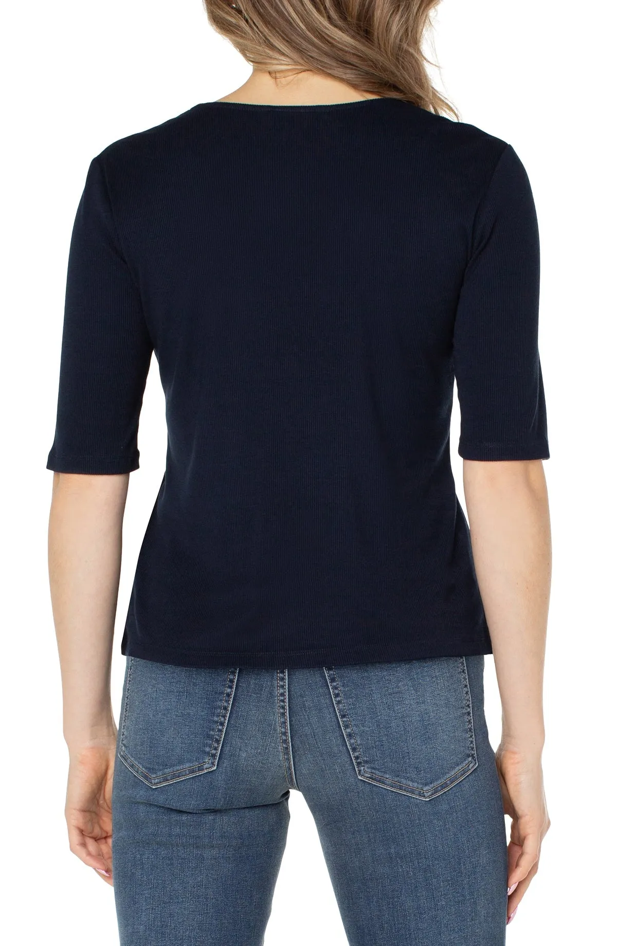 Double Layer V-Neck 1/2 Sleeve Rib Knit Top - SALE