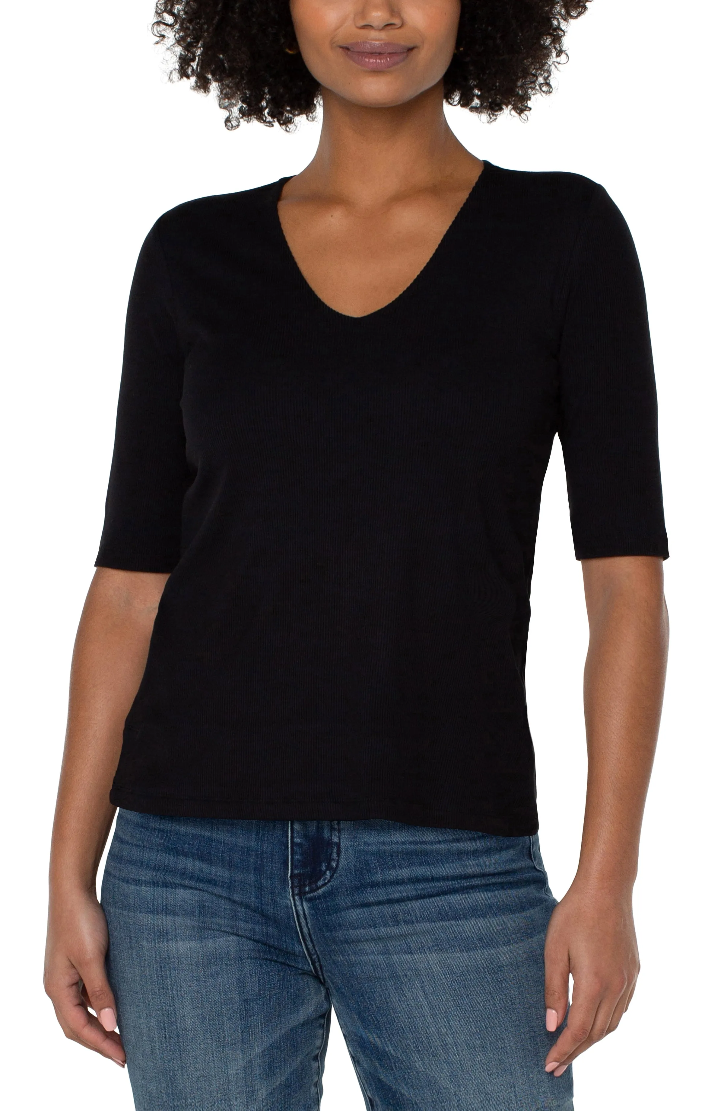 Double Layer V-Neck 1/2 Sleeve Rib Knit Top - SALE
