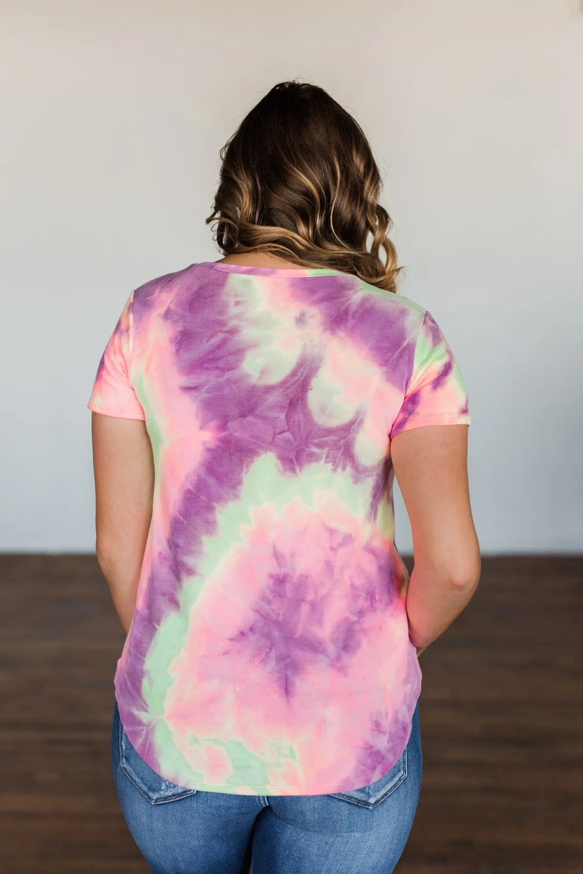 Draw Me Closer Tie Dye V-Neck Top- Pink, Lime, Purple