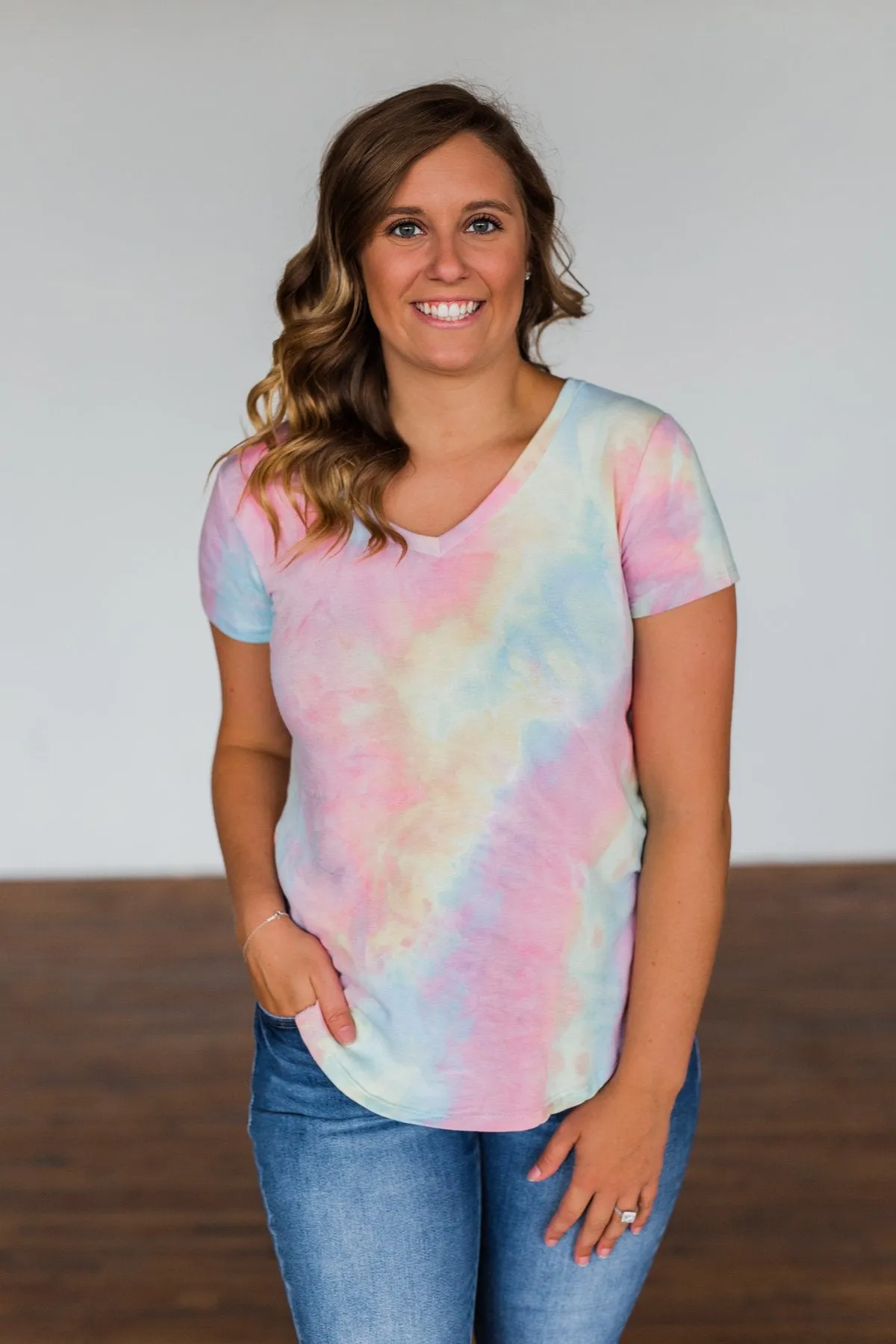 Draw Me Closer Tie Dye V-Neck Top- Pink Multi-Color