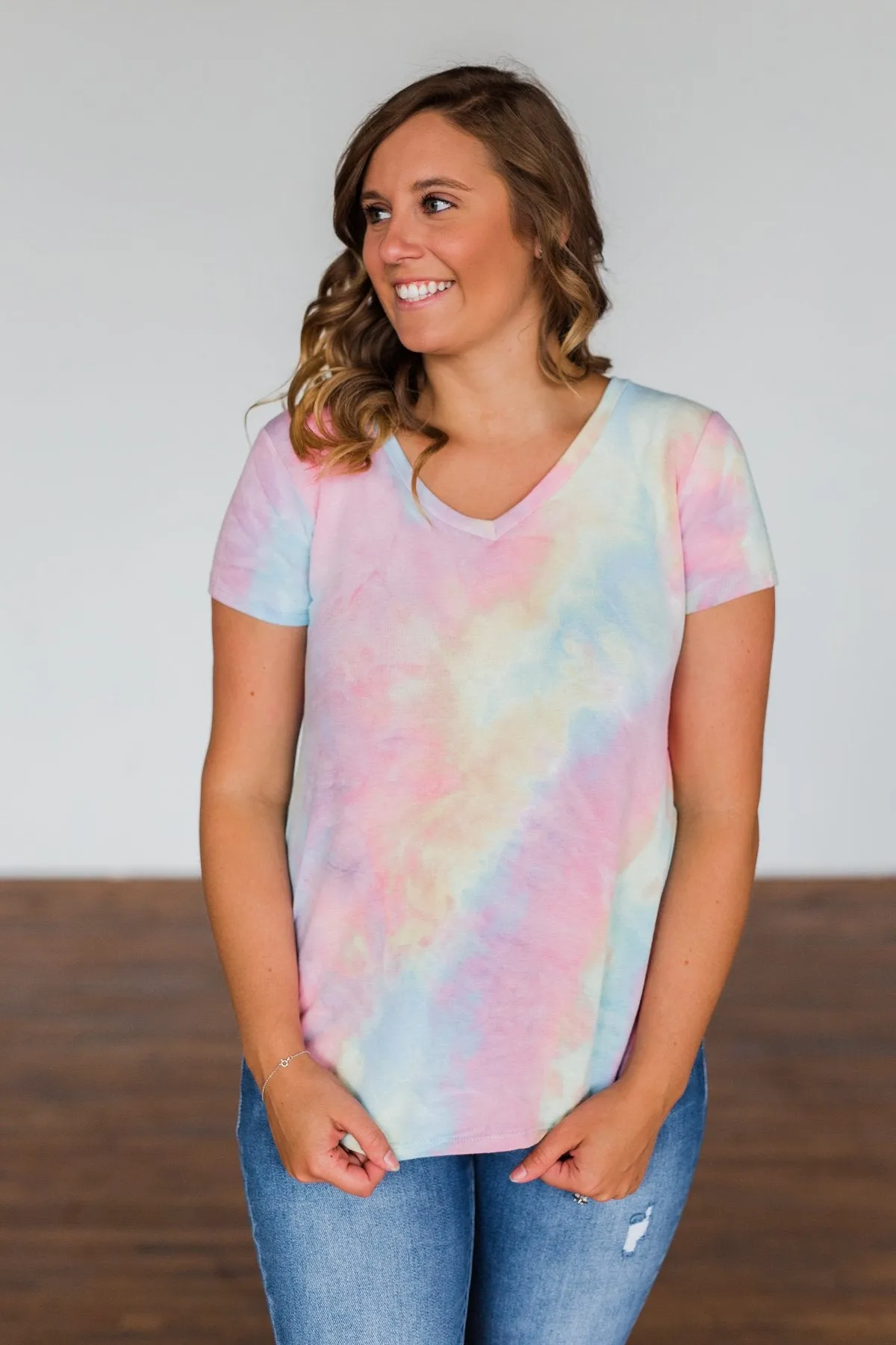 Draw Me Closer Tie Dye V-Neck Top- Pink Multi-Color
