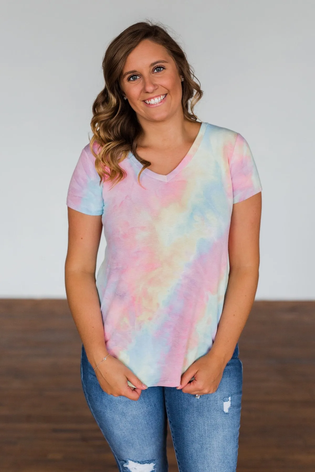 Draw Me Closer Tie Dye V-Neck Top- Pink Multi-Color