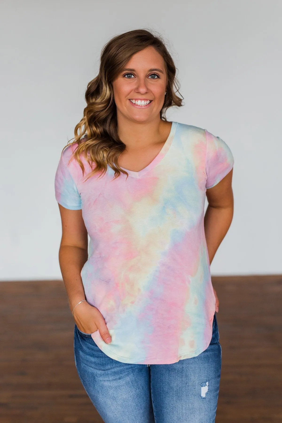 Draw Me Closer Tie Dye V-Neck Top- Pink Multi-Color