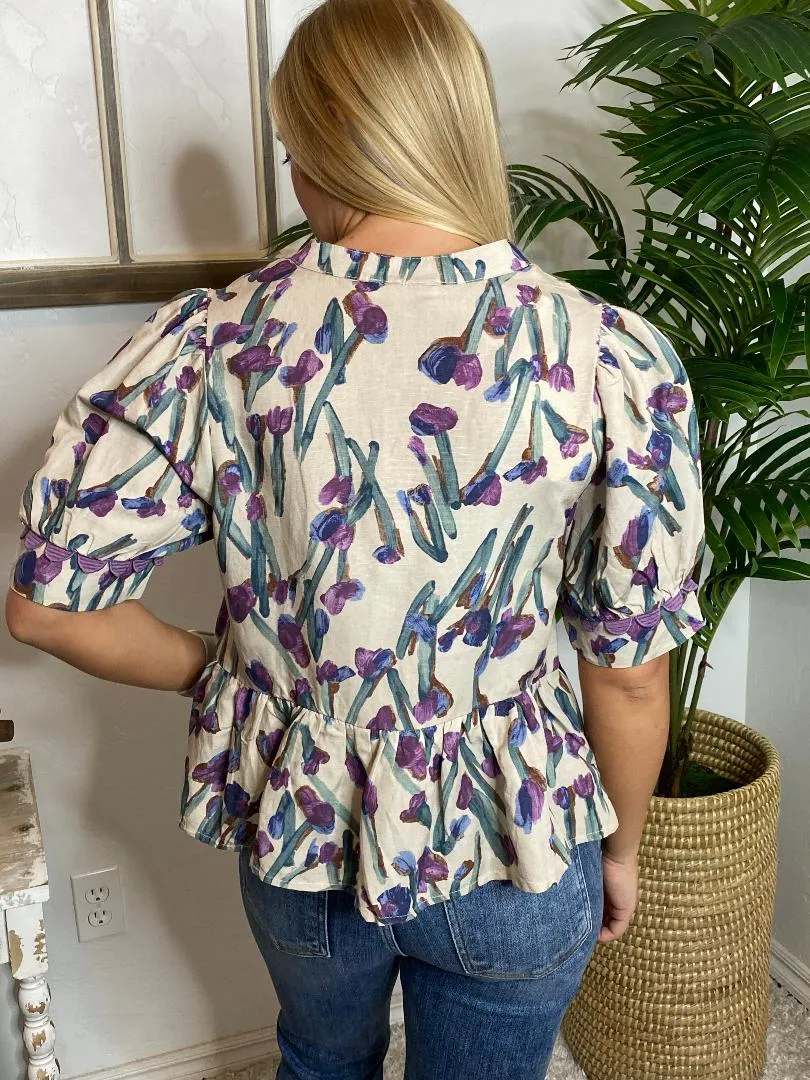 Ecru Top with Irises in Regular & Curvy