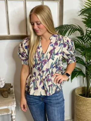 Ecru Top with Irises in Regular & Curvy