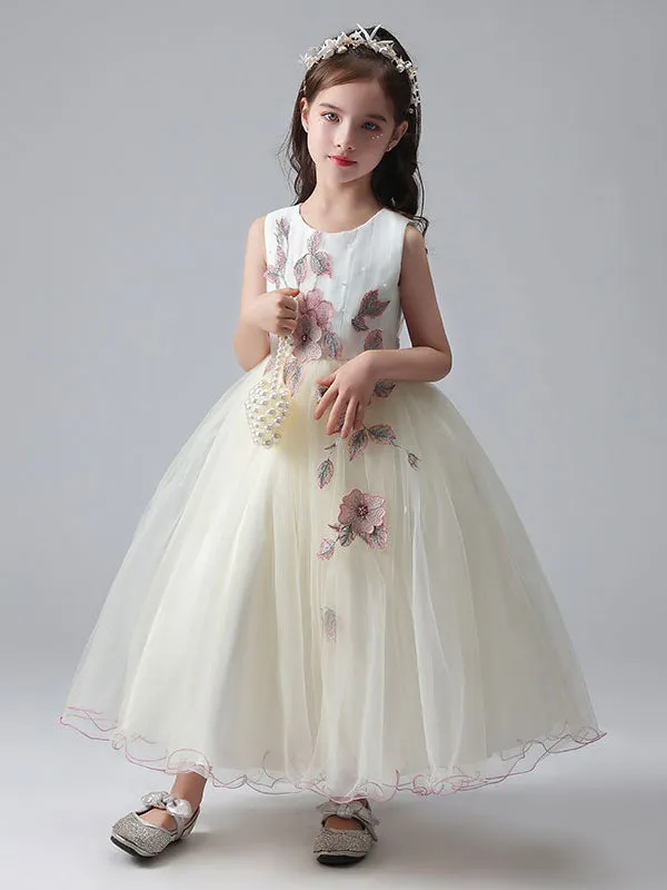 Ecru White Jewel Neck Princess Dress Beaded Embroidered Formal Kids Pageant dresses