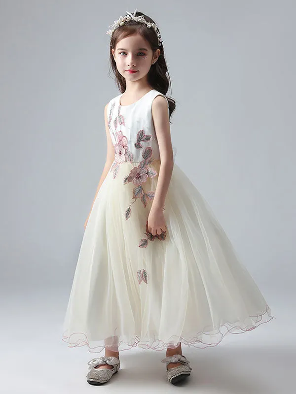 Ecru White Jewel Neck Princess Dress Beaded Embroidered Formal Kids Pageant dresses