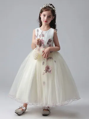 Ecru White Jewel Neck Princess Dress Beaded Embroidered Formal Kids Pageant dresses