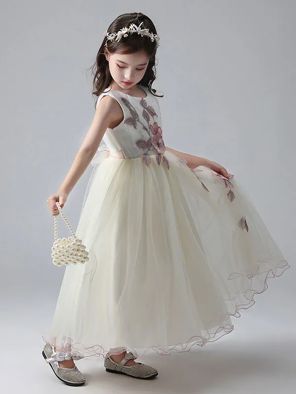 Ecru White Jewel Neck Princess Dress Beaded Embroidered Formal Kids Pageant dresses