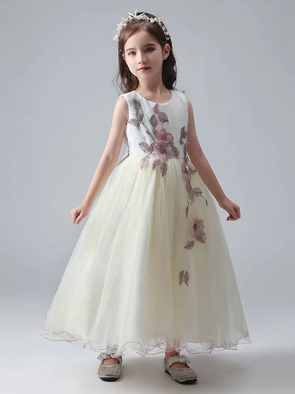 Ecru White Jewel Neck Princess Dress Beaded Embroidered Formal Kids Pageant dresses