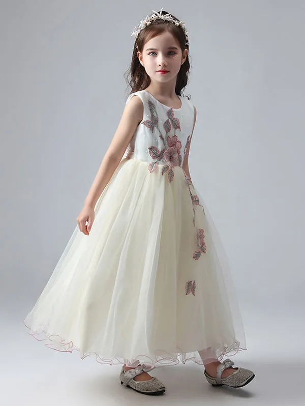 Ecru White Jewel Neck Princess Dress Beaded Embroidered Formal Kids Pageant dresses