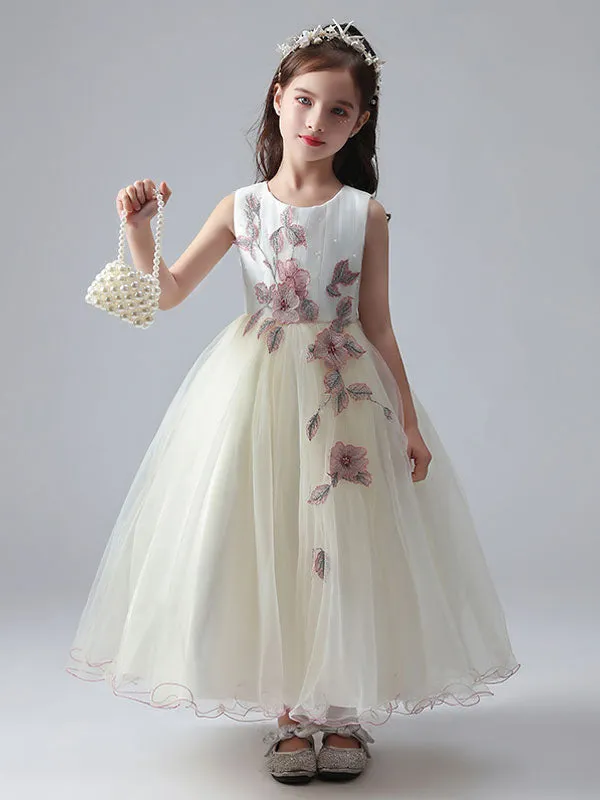 Ecru White Jewel Neck Princess Dress Beaded Embroidered Formal Kids Pageant dresses
