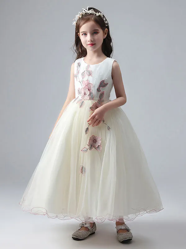 Ecru White Jewel Neck Princess Dress Beaded Embroidered Formal Kids Pageant dresses