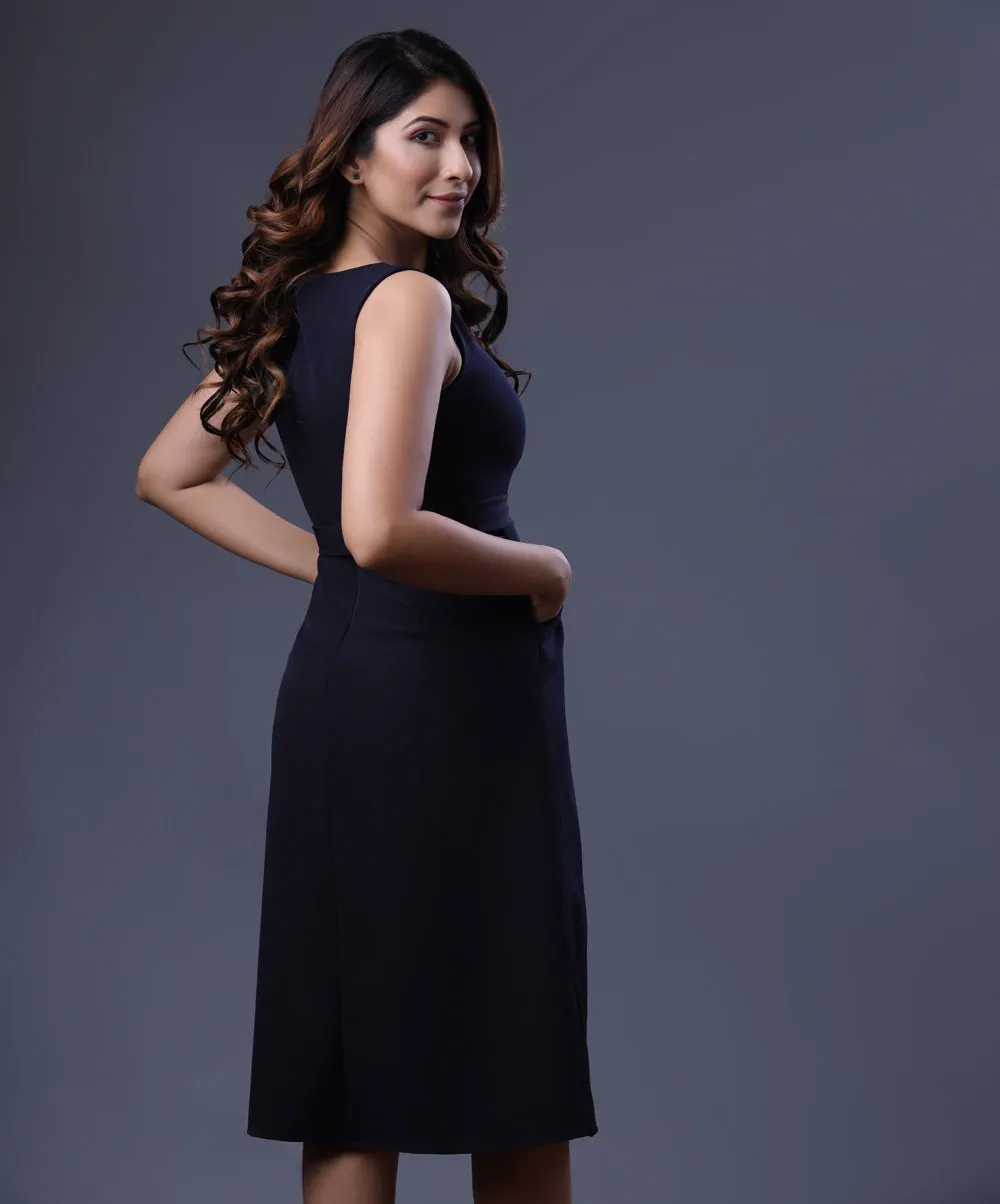 Embroidered Front Slit Shift Blue Dress