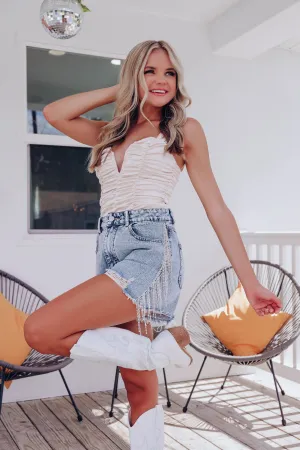 Exuding Femininity Rhinestone Denim Shorts -Blue