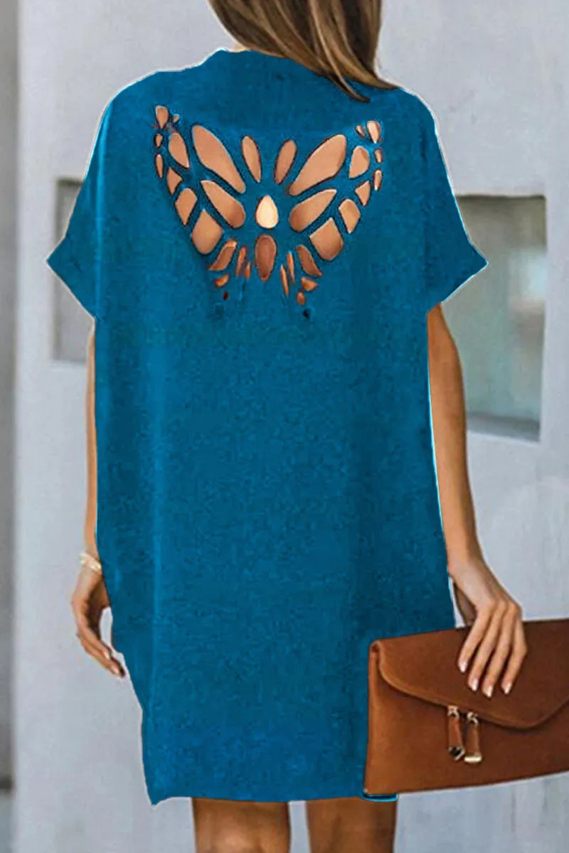 Fashion Solid Hollowed Out V Neck A Line Dresses(5 Colors)