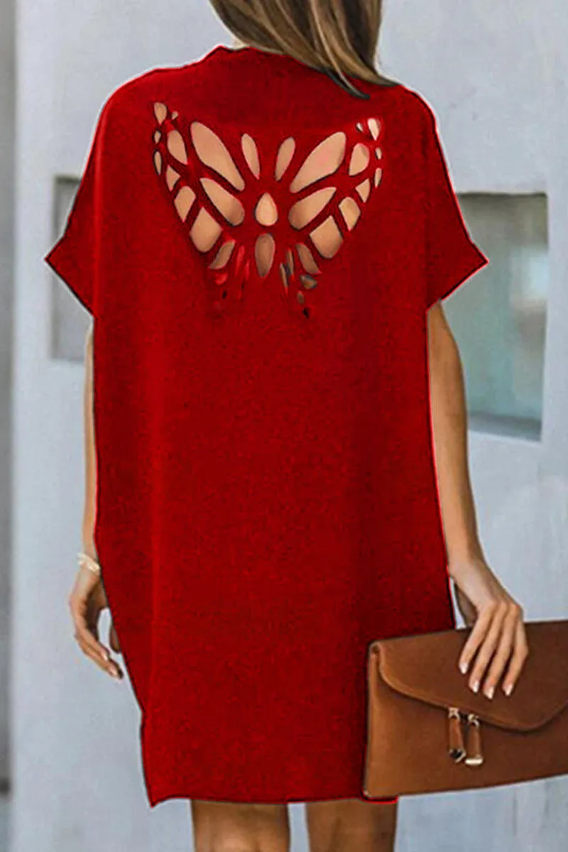 Fashion Solid Hollowed Out V Neck A Line Dresses(5 Colors)