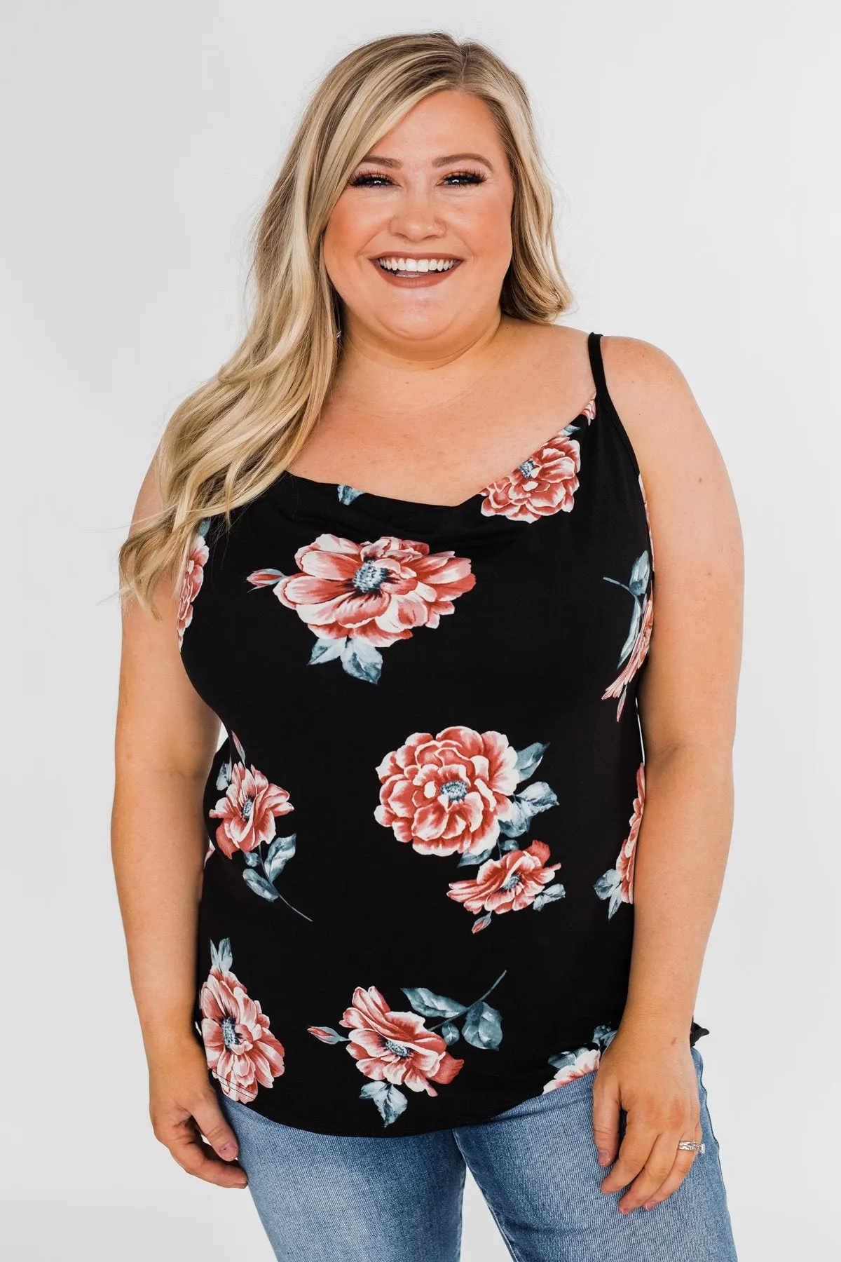 Floral Drape Neck Tank Top- Black