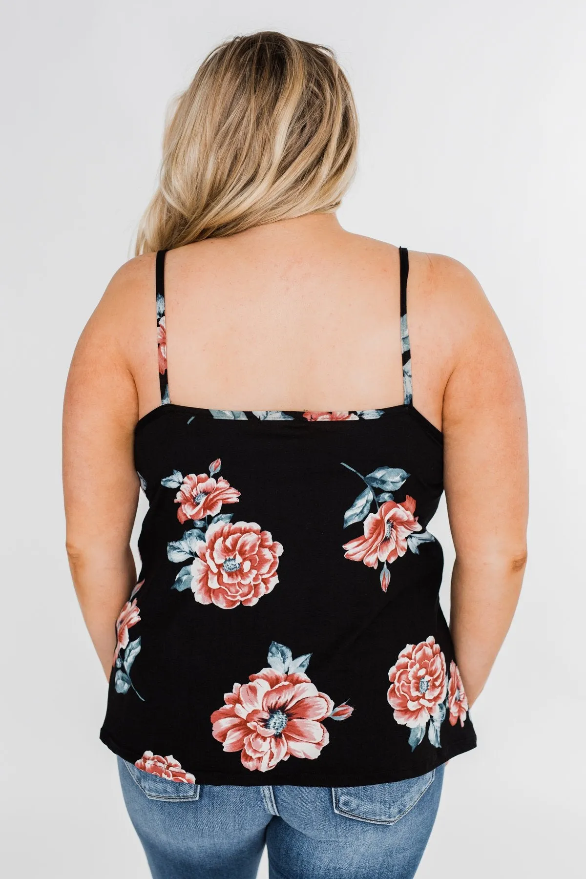 Floral Drape Neck Tank Top- Black
