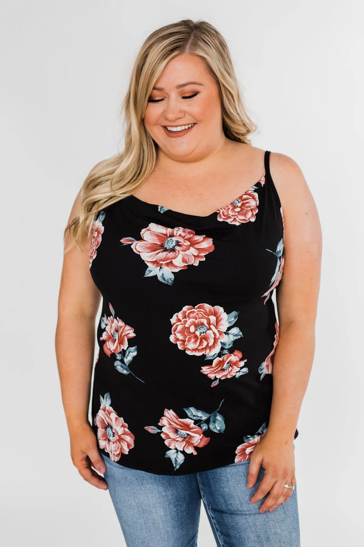 Floral Drape Neck Tank Top- Black