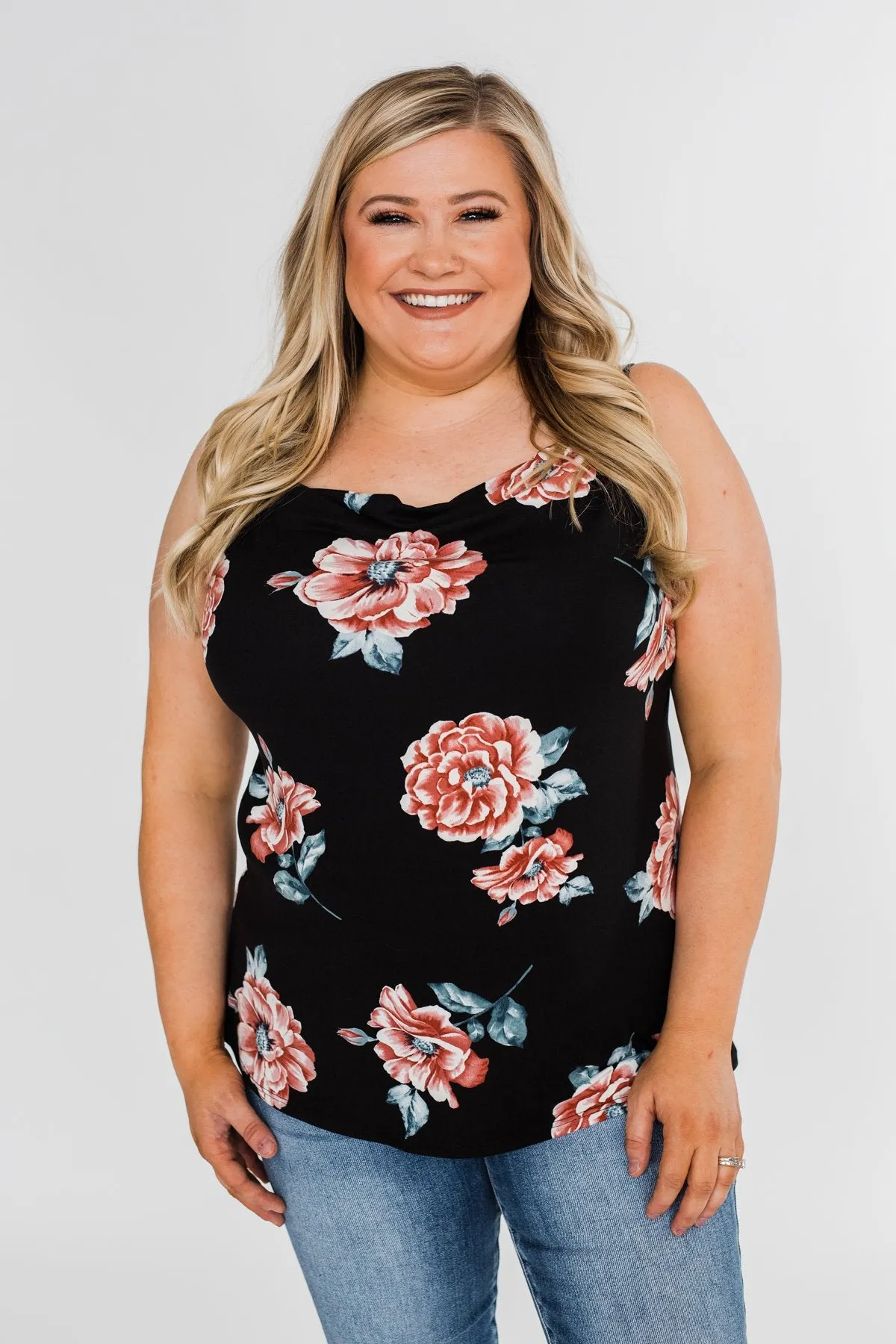 Floral Drape Neck Tank Top- Black