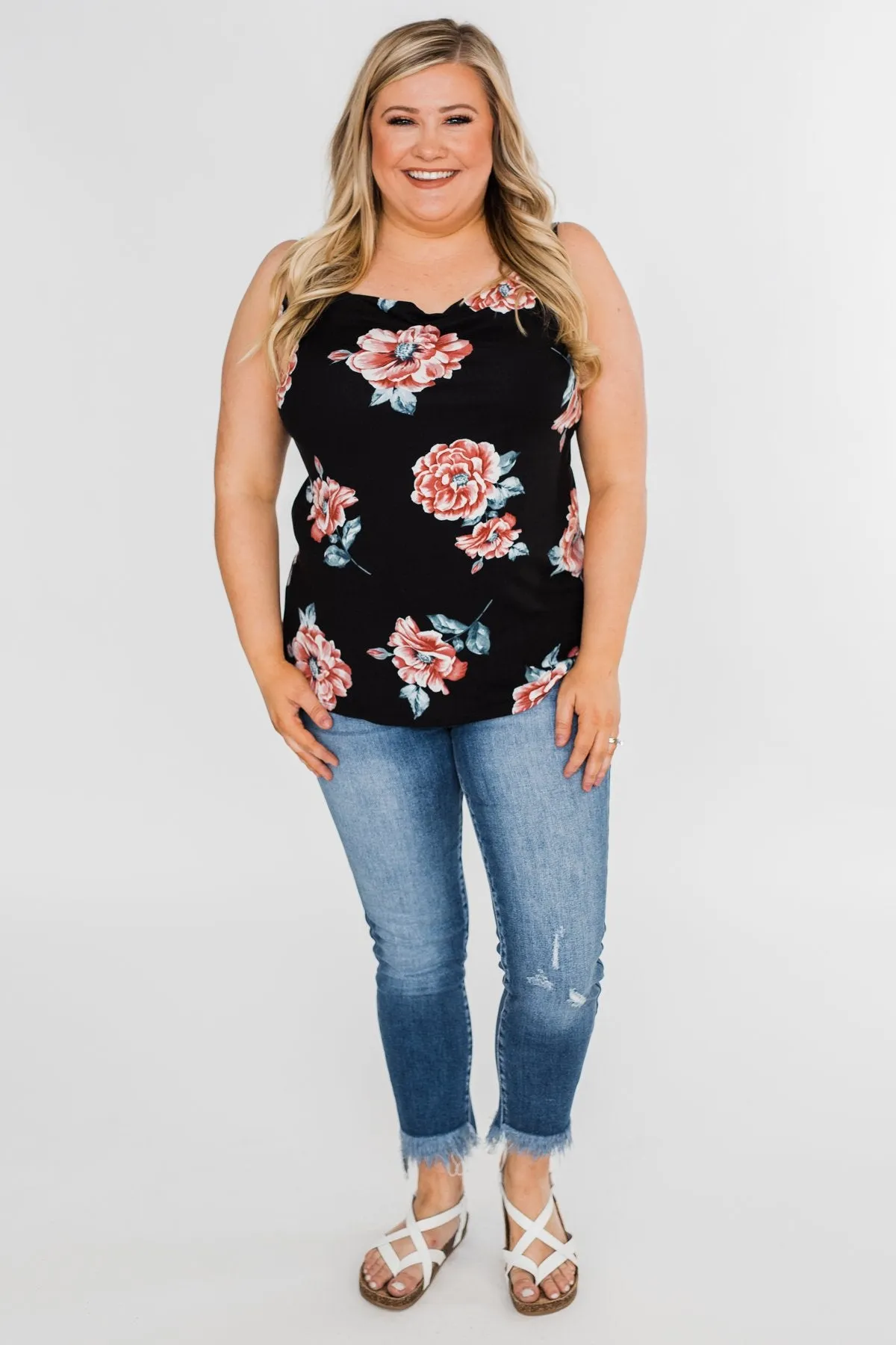 Floral Drape Neck Tank Top- Black