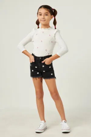Floral Embroidered Frayed Denim Shorts