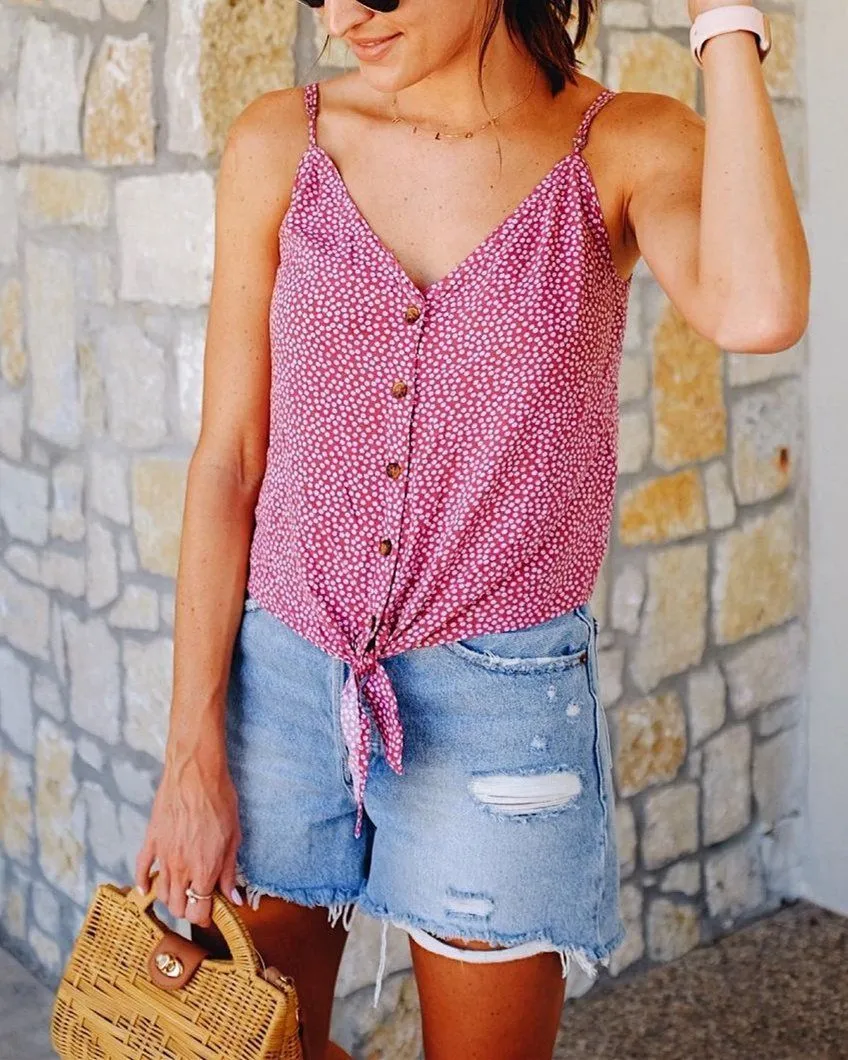 Flower Factor Floral Printed Buttons U-Neck Tank Top