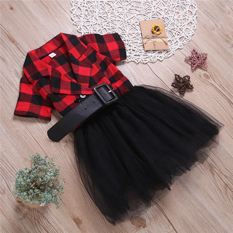 Girl’s Casual Short-sleeved Dress Fashion- Plaid Mesh Turndown Collar