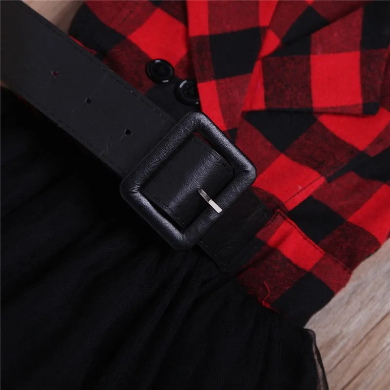 Girl’s Casual Short-sleeved Dress Fashion- Plaid Mesh Turndown Collar