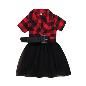 Girl’s Casual Short-sleeved Dress Fashion- Plaid Mesh Turndown Collar