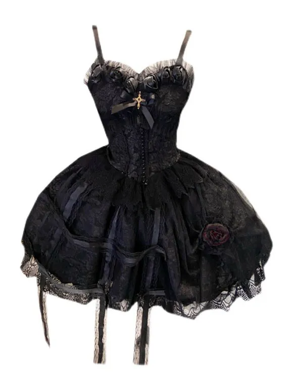 Gothic Lolita Dresses Lace Sleeveless Black Lolita Jumper Skirt