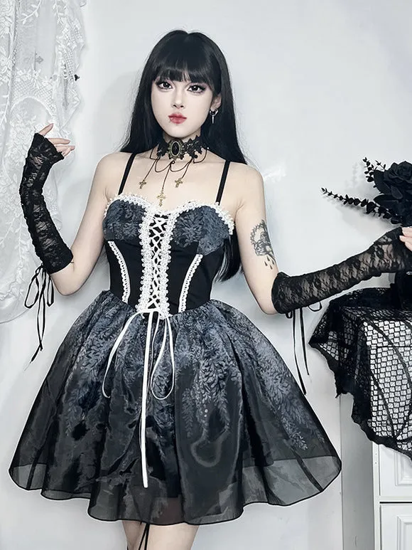 Gothic Lolita Dresses Lace Up Ruffles Black Black