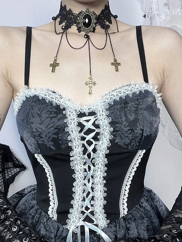 Gothic Lolita Dresses Lace Up Ruffles Black Black