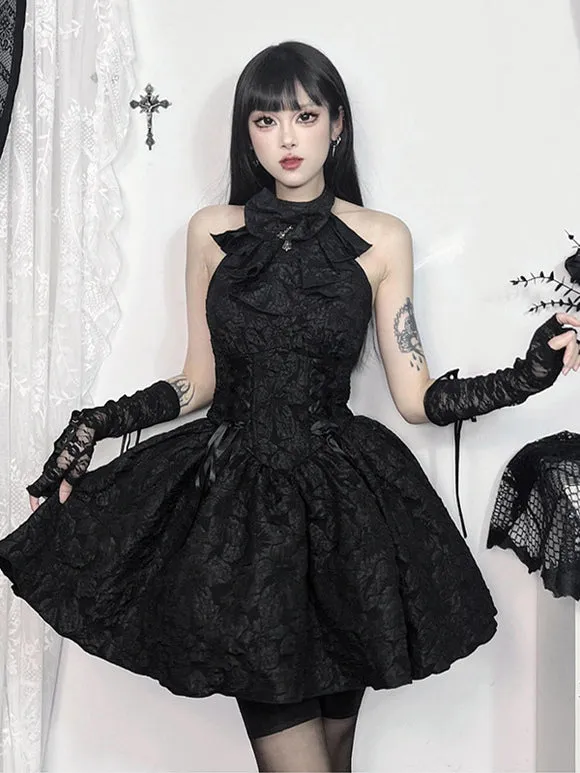 Gothic Lolita Dresses Lace Up Ruffles Jacquard Black Black
