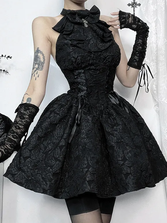 Gothic Lolita Dresses Lace Up Ruffles Jacquard Black Black