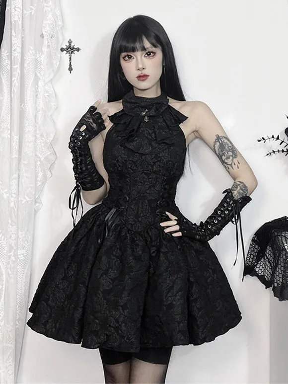 Gothic Lolita Dresses Lace Up Ruffles Jacquard Black Black