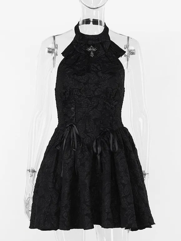 Gothic Lolita Dresses Lace Up Ruffles Jacquard Black Black