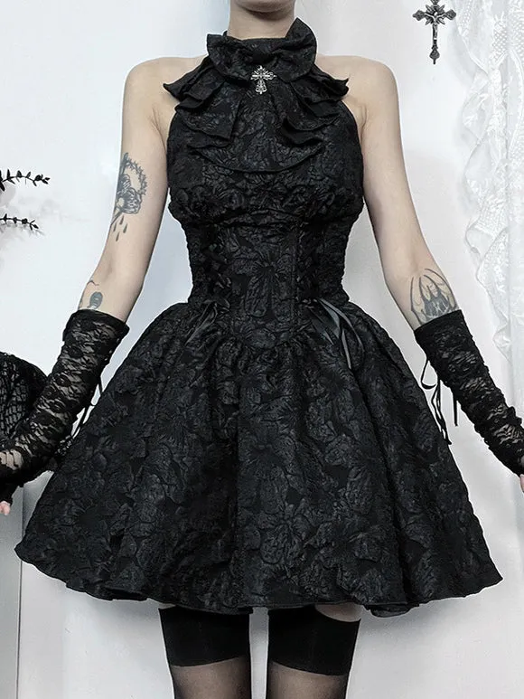Gothic Lolita Dresses Lace Up Ruffles Jacquard Black Black