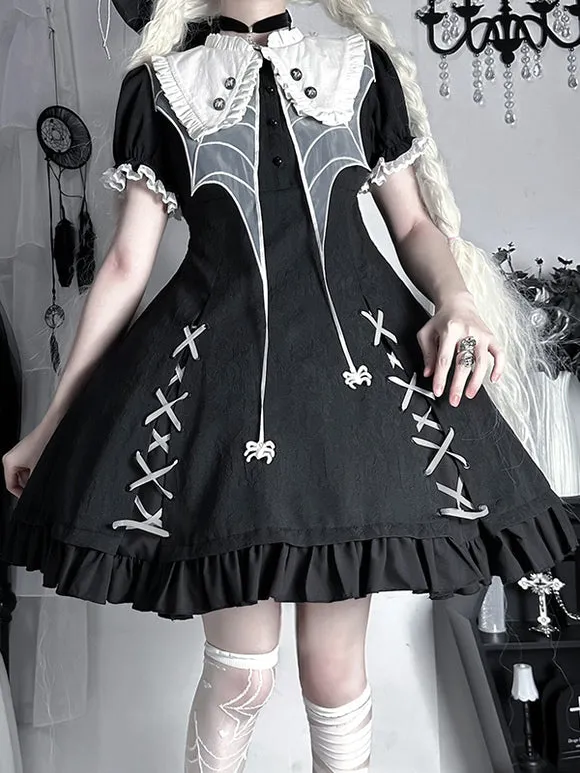 Gothic Lolita Dresses Ruffles Color Block Black Black