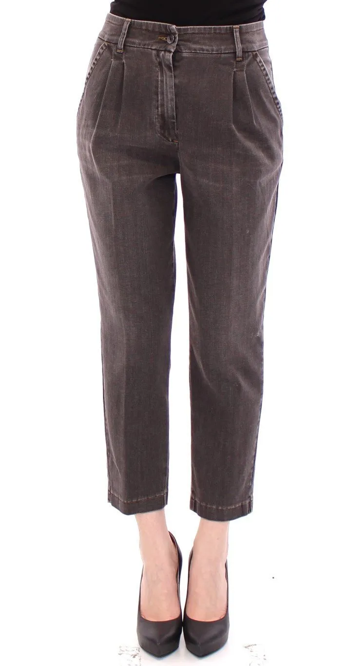 Gray Cotton Cropped Jeans Regular Fit Pants