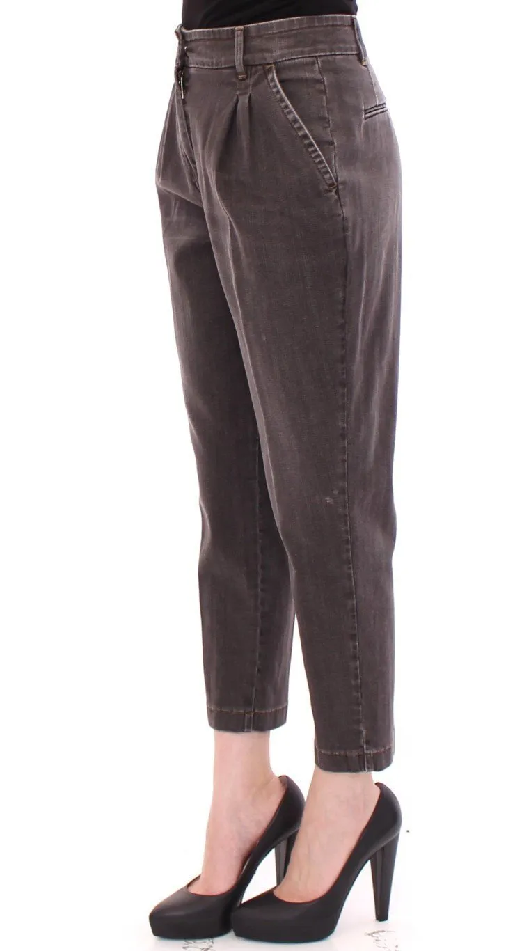 Gray Cotton Cropped Jeans Regular Fit Pants