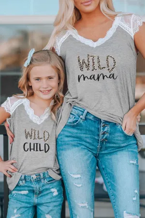 Gray WILD Mama Leopard Print Lace Splicing V Neck T Shirt