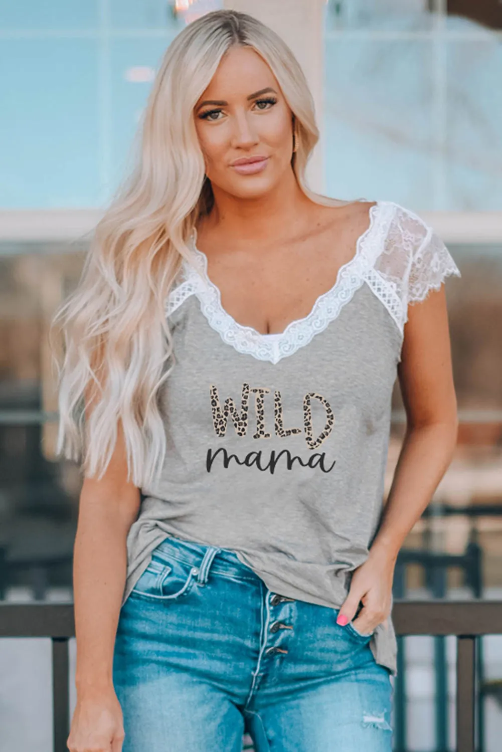 Gray WILD Mama Leopard Print Lace Splicing V Neck T Shirt